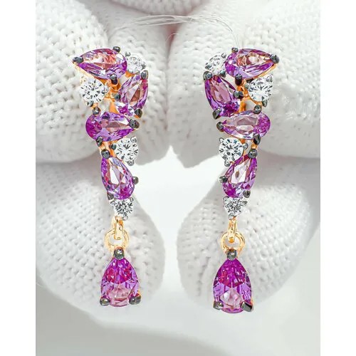 Серьги Trade Jewelry из серебра 925 пробы (покрытие золото 585) с александритом и фианитами длинные