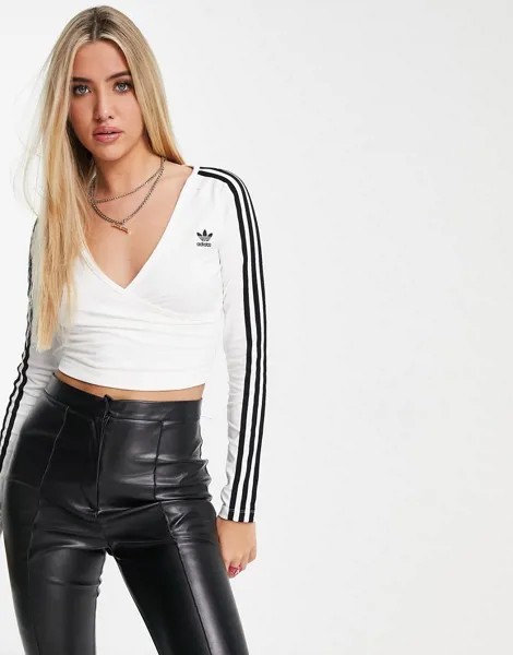 Белый укороченный лонгслив с 3 полосками adidas Originals adicolour