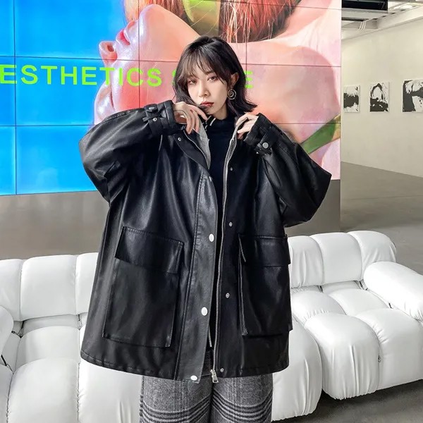 Женское кожаное пальто Qiudong, новая стильная индивидуальная накладная утепленная Защитная шапочка для одежды, Свободное пальто для отдыха