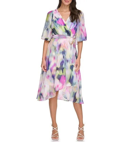 DKNY Шифоновое платье с v-образным вырезом и рукавами 3/4 с принтом и искусственным запахом, мультиколор