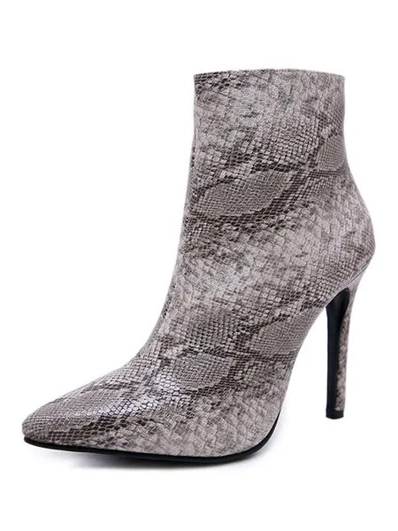 Milanoo Women Ankle Boots Grey Pointed Toe Snake Printed Zip Up High Heel Boots