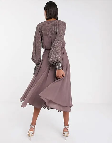 Лиловое платье миди с линейной кокеткой ASOS DESIGN