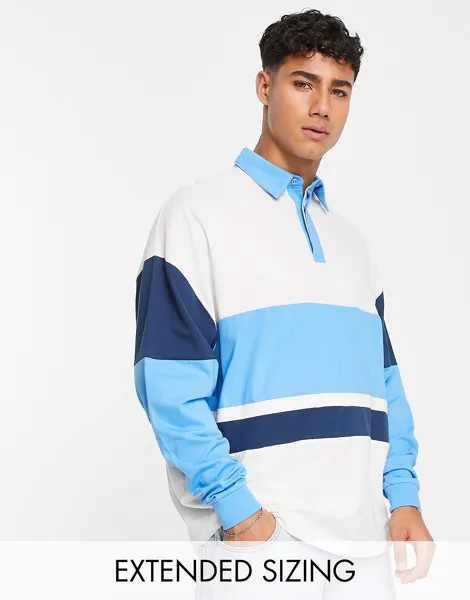 Синяя футболка-поло в стиле регби оверсайз с длинными рукавами ASOS DESIGN