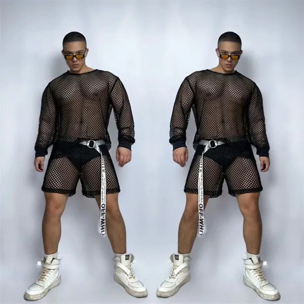 Сексуальные мужские черные сетчатые спортивные костюмы, ночной клуб, бар, мужской певец, Dj, хип-хоп, одежда для танцевальной вечеринки Show, сц...