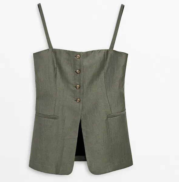 Топ Massimo Dutti Strappy Linen Blend With Buttons, зеленый