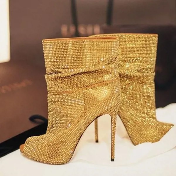 Роскошные золотые ботильоны с кристаллами, ботинки с открытым носком на высоком каблуке, блестящие плиссированные короткие ботинки, Прямая...