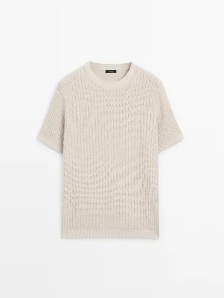 Трикотажная футболка из смеси хлопка и льна Massimo Dutti, бежевый