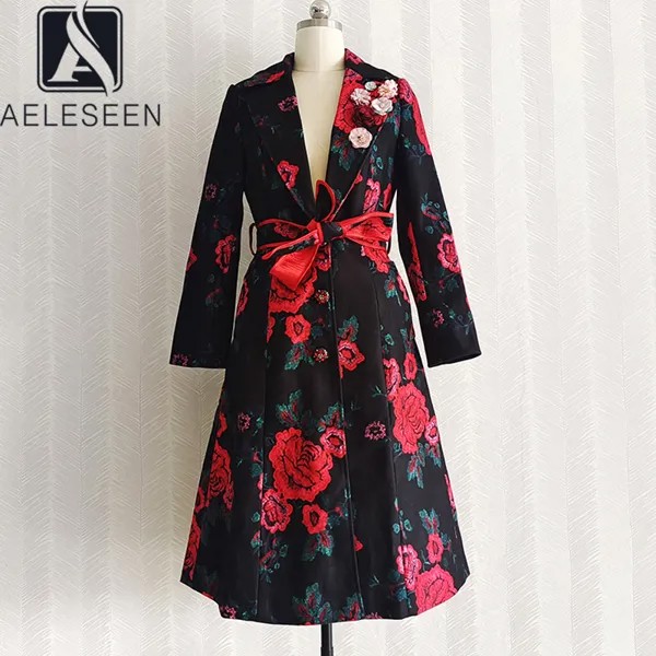 AELESEEN/Высококачественная винтажная ветровка; Осенне-зимнее пальто с 3D аппликацией; Длинный плащ с красным цветочным принтом