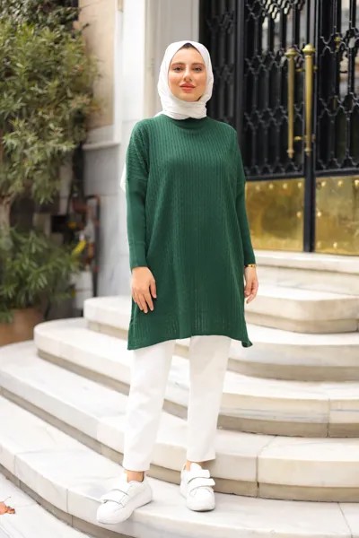 Женская трикотажная туника изумрудно-зеленого цвета с коротким ворсом и высоким воротником, однотонная длинная хиджаб-блузка и одежда