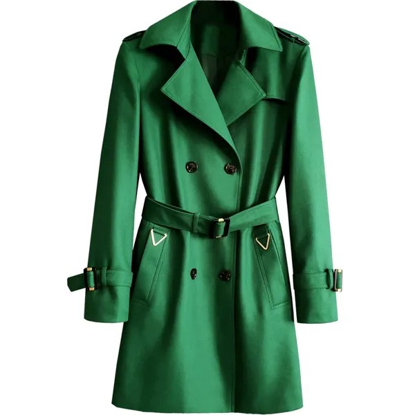 Зеленая Женская ветровка 2023 на раннюю весну Европейский облегающий двубортный Тренч средней длины для женщин Бесплатная доставка пальто