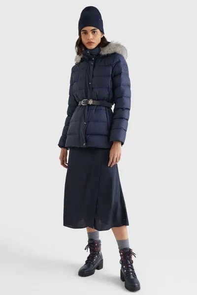 Синий пуховик с капюшоном из искусственного меха Tommy Hilfiger, синий