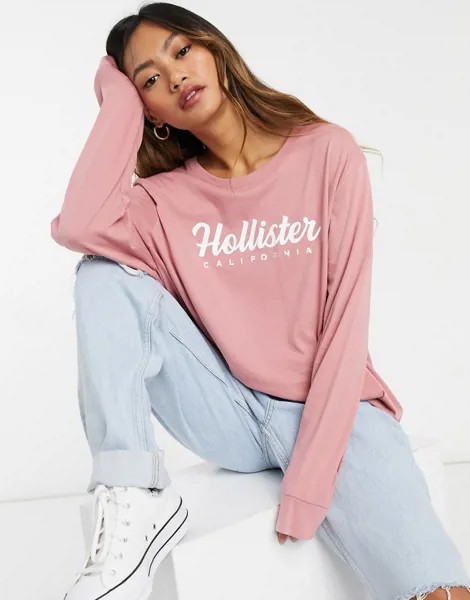 Розовый лонгслив с логотипом спереди Hollister-Темно-синий