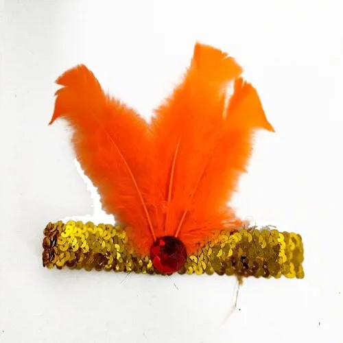 Повязка Лайзы на голову с пером цвет оранжевый с красным камнем
