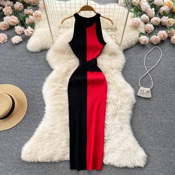 RUGOD Professional OL Slim Fit и Slim Long Round Neck Без рукавов Платье Цвет Соответствие Бедро Нижнее Платье Tight Hip Knitted Платье