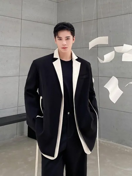 Повседневный мужской корейский Свободный рукав для пальто искусственные блейзеры одежда на весну костюм Мужской Осень простой 2023 длинный ремень из двух частей