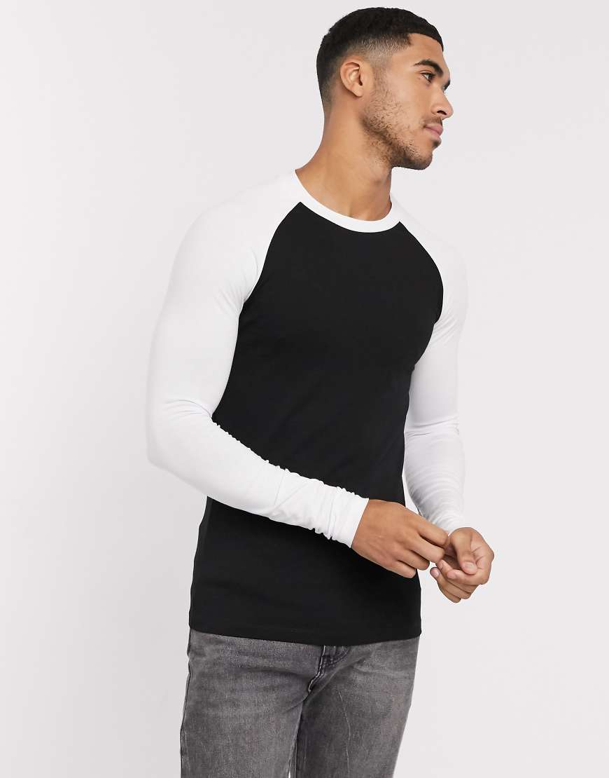Белый/черный облегающий лонгслив с круглым вырезом ASOS DESIGN-Мульти