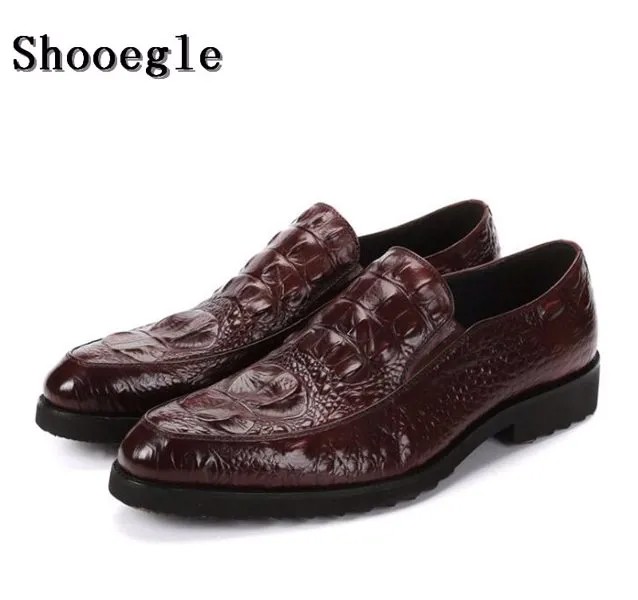 SHOOEGLE/Высококачественная мужская модельная обувь из кожи аллигатора Лоферы без шнуровки черные, кофейные цвета, оксфорды, обувь для вождени...