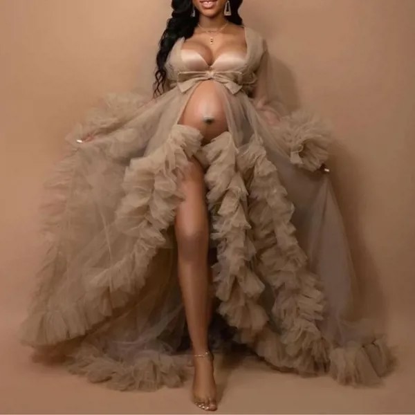 Платье для беременных халаты для фотосъемки женские платья из тюля с оборками Пушистый разрез халат для беременных длинная прозрачная одеж...