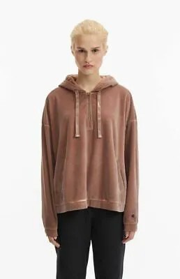 Champion Velour Half Zip Oversized Hoodie Womens Brown Casual Activewear Hoody