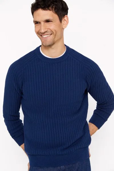 Структурированный хлопковый свитер с круглым вырезом Cortefiel, синий