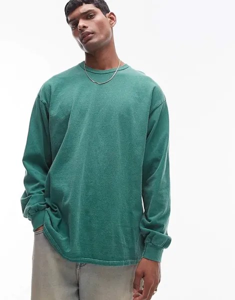 Лонгслив Topman Vintage With Washed Effect, зеленый