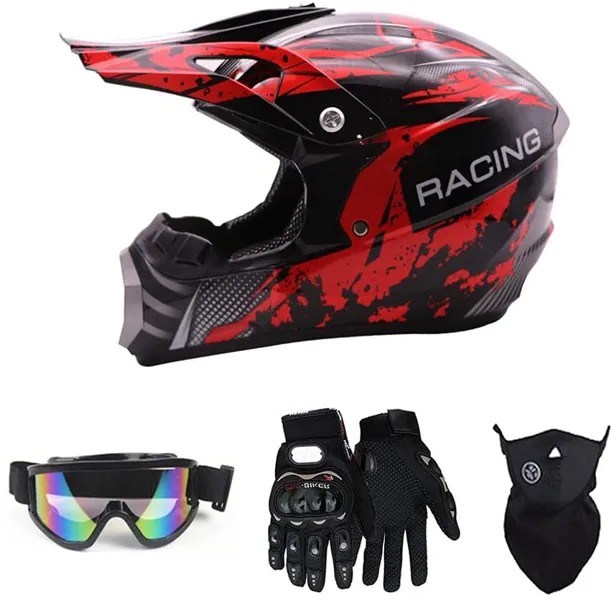 Мотоциклетный шлем, защитный шлем для мотоцикла, кроссового мотоцикла, квадроцикла, сертифицированный DOT, 4 шт. в комплекте (очки, перчатки, з...