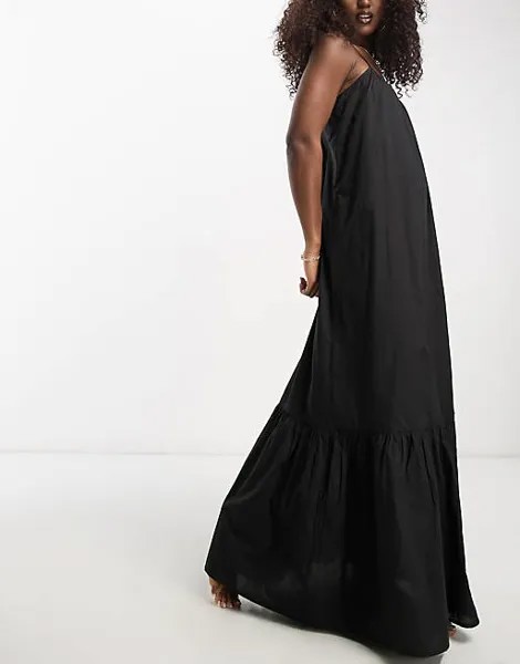 Черное пляжное платье макси на бретелях с заниженным подолом ASOS DESIGN