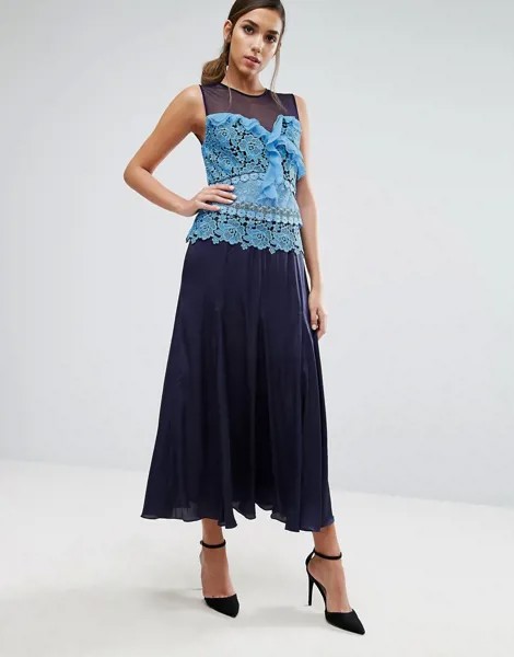 Плиссированное платье миди с кружевной вставкой контрастного цвета Three Floor-Синий
