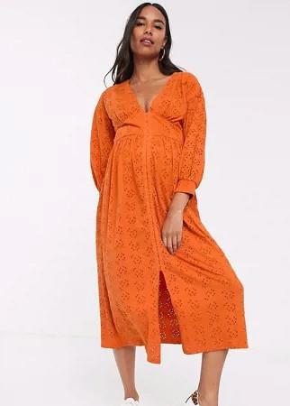 Оранжевое платье миди с вышивкой ришелье ASOS DESIGN Maternity-Оранжевый цвет