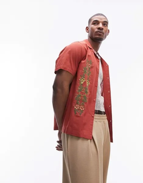 Topman - Удобная рубашка ржавого цвета с короткими рукавами и цветочной вышивкой
