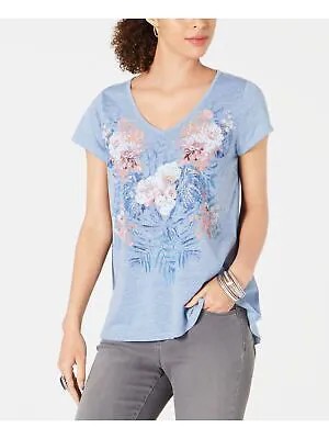 STYLE - COMPANY Женская синяя футболка с коротким рукавом и V-образным вырезом с цветочным принтом, M