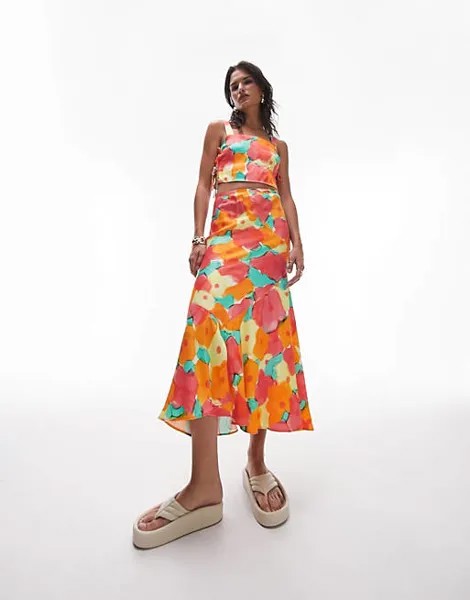 Разноцветная юбка миди «рыбий хвост» с цветочным принтом Topshop