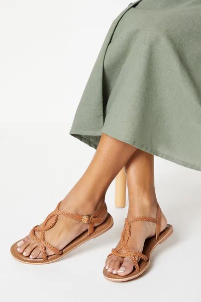 Широкие кожаные плетеные сандалии Jessie на плоской подошве Dorothy Perkins, коричневый