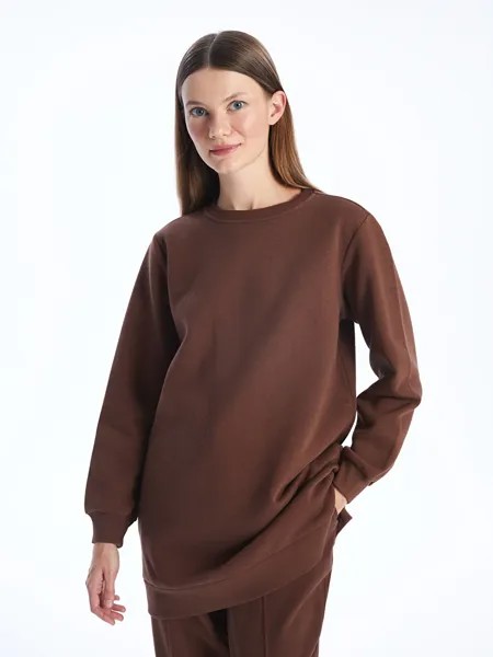 Однотонная женская толстовка с длинными рукавами и круглым вырезом-туникой LCW Modest, коричневый