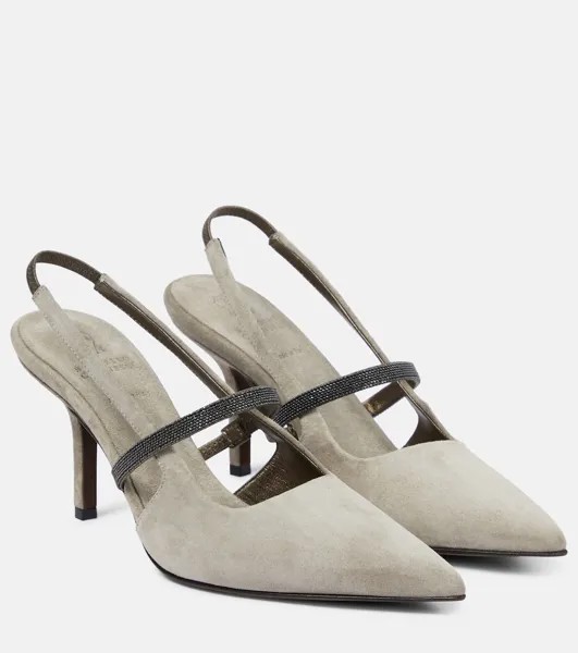 Украшенные замшевые туфли с ремешком на пятке Brunello Cucinelli, серый