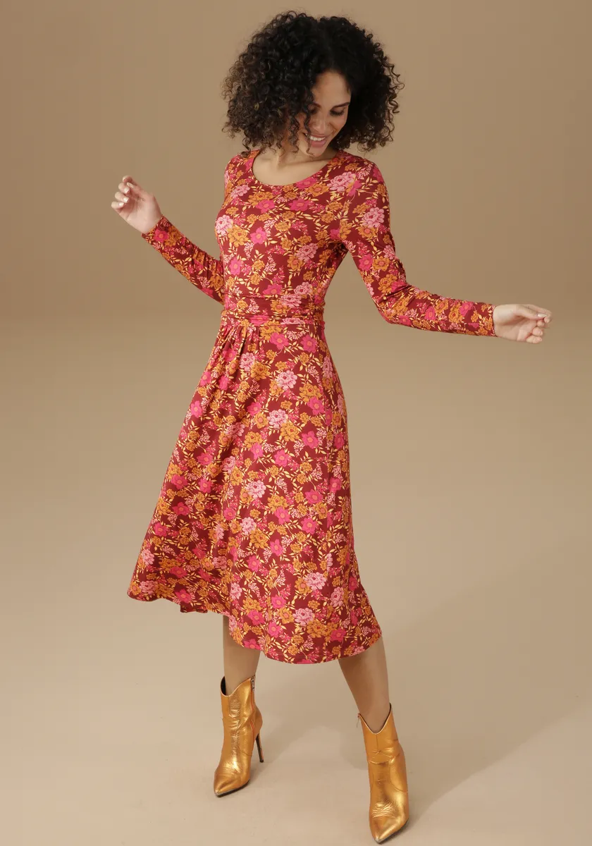 Платье Aniston CASUAL из джерси с романтическим цветочным принтом, цвет Weinrot-Orange-Pink-Rosa-Gelb