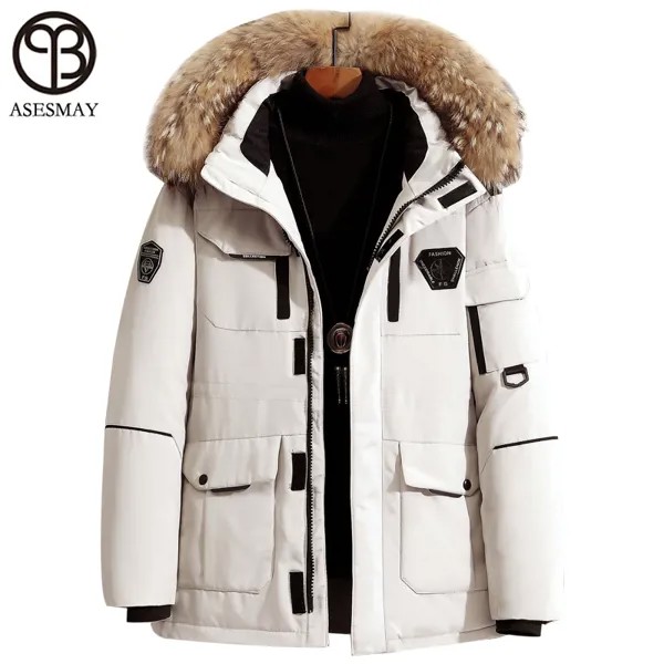 Asesmay брендовая одежда, мужская куртка, утепленная Повседневная зимняя мужская парка, пальто с мехом и капюшоном, Длинные пуховики, модная ве...