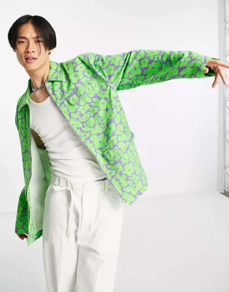 Ярко-зеленая саржевая куртка COLLUSION с цветочным принтом