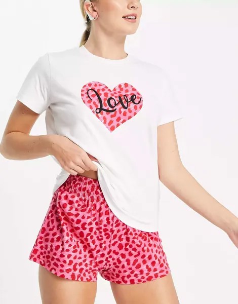Короткая пижама с леопардовым принтом Threadbare love в розовом и сером цвете