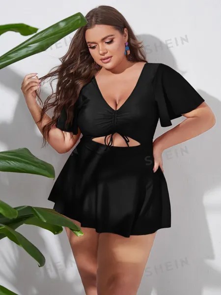 Swim Curve купальник большого размера на шнурке однотонного цвета для лета и пляжа Shein, черный