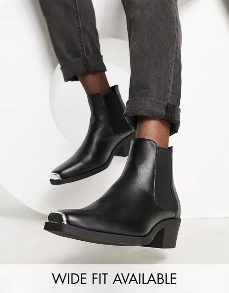 Черные ботинки челси на каблуке в стиле вестерн ASOS DESIGN из искусственной кожи с металлической фурнитурой