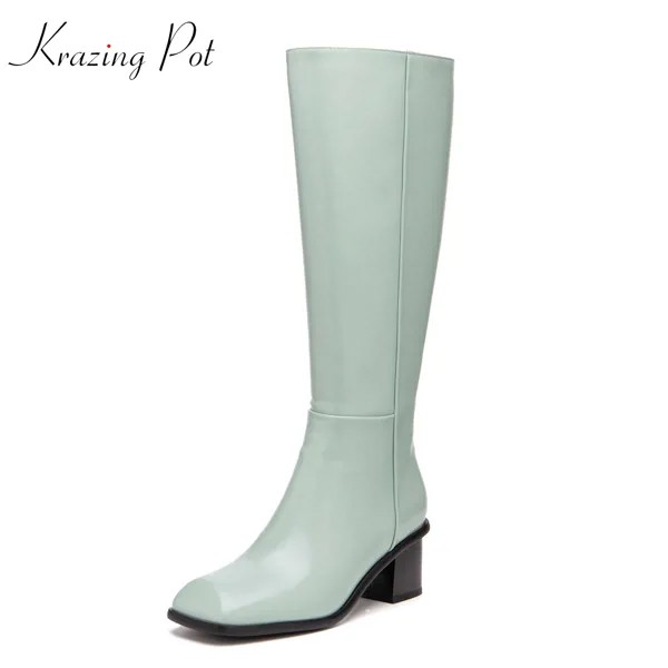 Сапоги Krazing Pot зимние до колена, натуральная кожа, высокий толстый каблук, квадратный носок, зеленые, персиковые