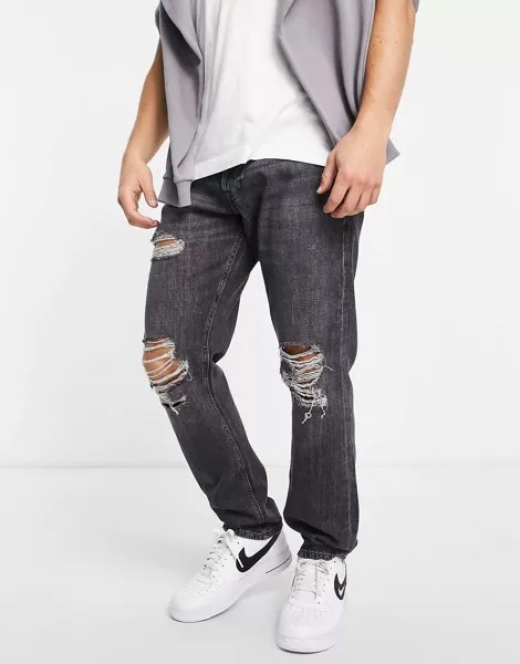 Черные джинсы свободного кроя с рваными коленями Jack & Jones Chris