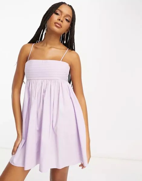 Короткое хлопковое летнее платье в стиле бэби-долл со складками ASOS сиреневого цвета