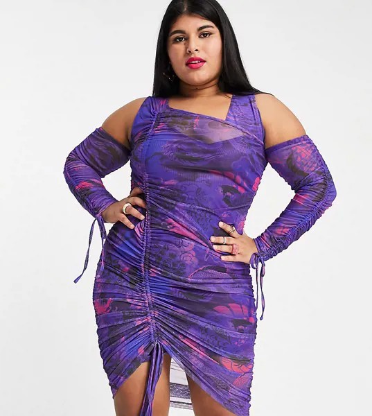 Сетчатое платье мини со сборками и принтом ASOS DESIGN Curve-Разноцветный