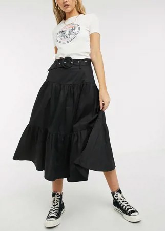 Черная ярусная юбка миди с поясом Glamorous-Многоцветный