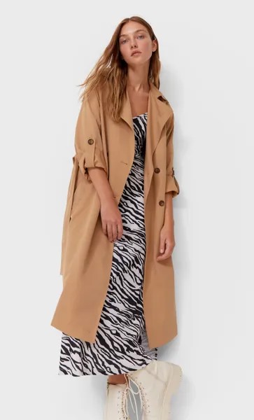 Stradivarius Длинный Тренч Из Струящейся Ткани Бежевый M