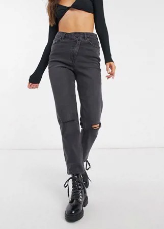 Черные джинсы со рваной отделкой и скошенной застежкой Object-Черный цвет