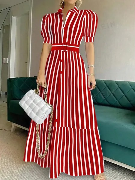 Платье-рубашка Shein Privé с объемными рукавами и поясом, красный