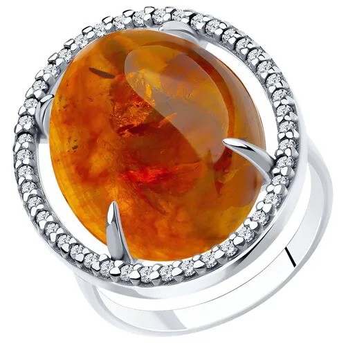 Кольцо Diamant, серебро, 925 проба, родирование, янтарь прессованный, фианит, размер 19.5, желтый